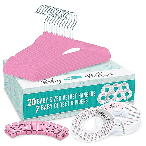 Image of Baby Nest Designs 20x Baby Hangers for Closet with 7X Baby Closet Dividers for Nursery Velvet Baby Clothes Hangers Unisex Newborn Essentials Baby Size Organizer for Infant Clothing to 24 Months