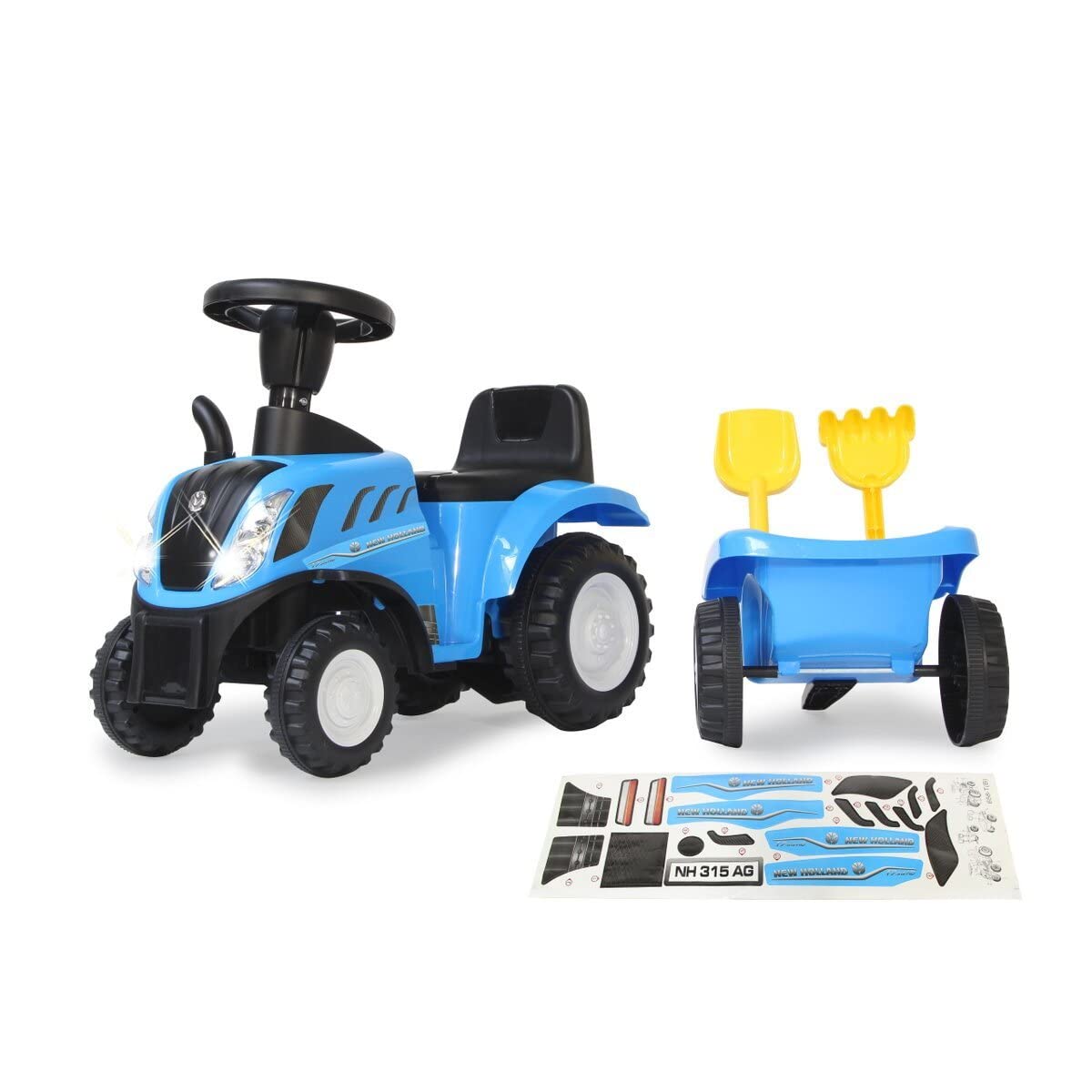 Rutscher New Holland T7 Traktor – ab 12 Monate, Sitzhöhe 270 mm, Kippschutz, originalgetreue Optik, Anhänger mit Schaufel und Rechen, LED Licht