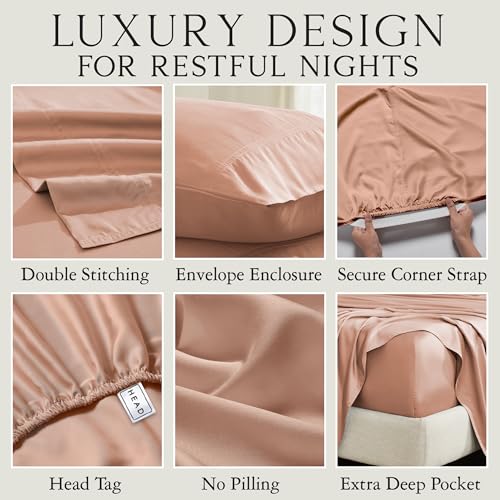 Image of KARISSA MAE Luxury Bamboo Viscose Split King Size Sheet Set, FSC Certified | Includes 2 Twin XL Fitted Sheets | Sleep Number & Adjustable Bed | Cooling | 18 inch Deep Pocket w / Corner Straps [Terracotta]