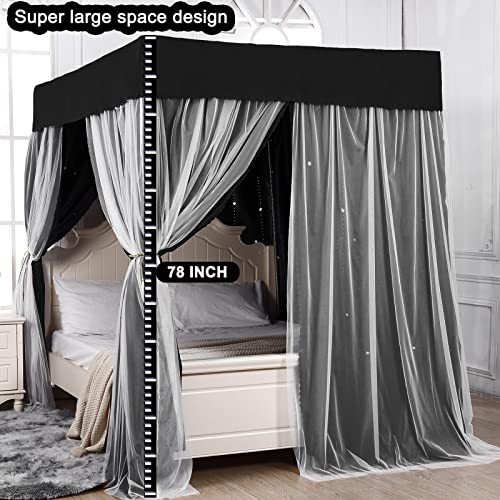 Mosquitera negra de 4 postes para cama de princesa con luces de cielo estrellado decorativas 8