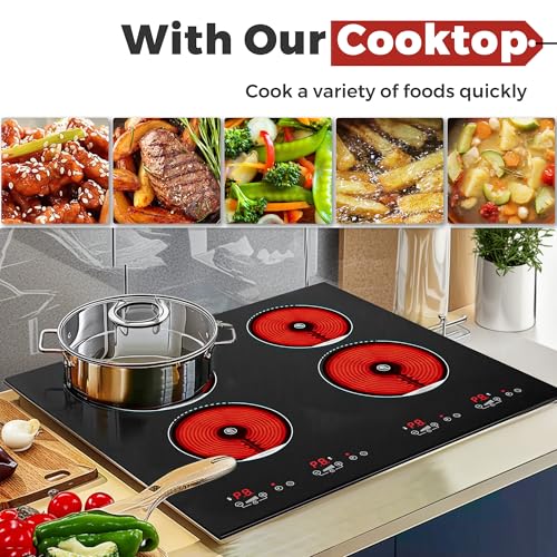 Image of ADVWIN Electric Cooktop, 4 Burner Electric Stove Top，24 Inch Built-in 6000W Ceramic Cooktop with 4H Timer, Kid Safety Lock and Knob Control, 9 Heating Level,220v(no plug) (4 burners)