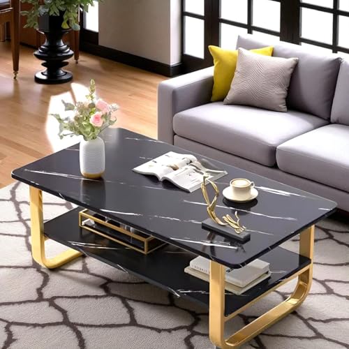 Image of Engineered Wood Coffee Table with Metal Base & 2 Tier Storage | Modern Rectangle Center Table for Living Room Sofa Set | Easy DIY Assembly (90 x 48 x 48 cm) (Gold Black)
