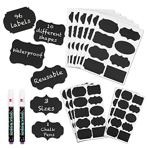 Mantah Chalkboard Label Stickers 96pcs - 9 Assorted Shapes in 3 Sizes with 2 White Chalk Marker, Reusable Waterproof Chalk Label for Storage Bin, Labels for Food Container, Label for Jars, Containers