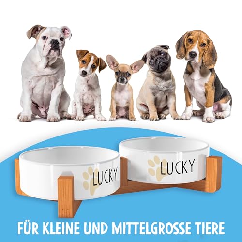 OWLBOOK Pfoten Motiv Futternapf personalisiert Hundenapf mit Namen oder Wunschtext Doppelnapf aus Keramik mit Bambus Gestell Futternapf Napf Wassernapf Keramik, Bambus 300 ml