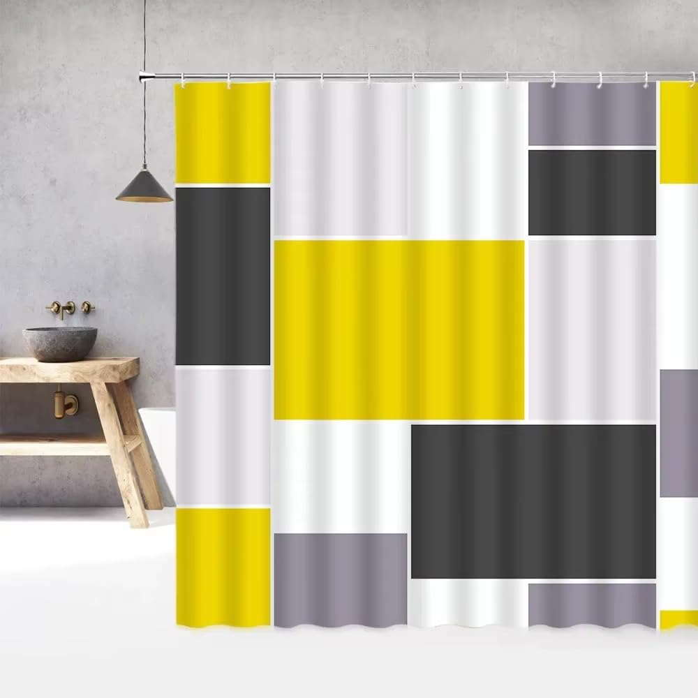 KELAIMI Geometric Shower Curtain,Abstract Color Block Modern Geometric Bathroom Curtain - Waterproof Polyester Fabric Bathtub Curtain with Hooks Yellow 180X180Cm