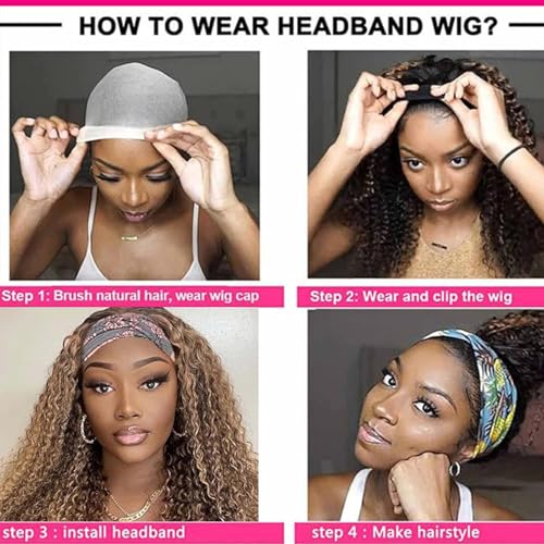 Image of Highlight Ombre Headband Wig Human Hair Kinky Curly Headband Wigs for Black 14 Inch Women Human Hair Honey Blonde Headband Wig Curly Human Hair #4 /27 Brazilian Virgin Hair Glueless Wig 150% Density