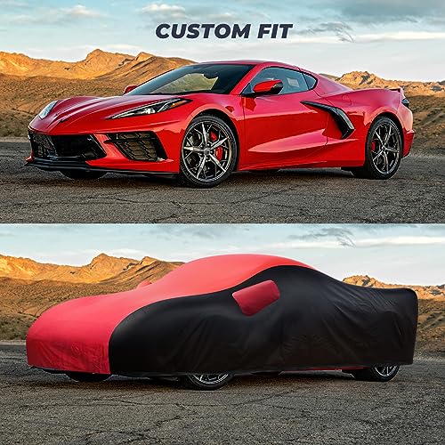 Image of KAKIT Waterproof Car Cover Custom Fit for 2020-2022 C8 Stingray, UV Resistant Fade-Proof Cover for Chevy Corvette, Indoor & Outdoor Use (Red & Black Combo)