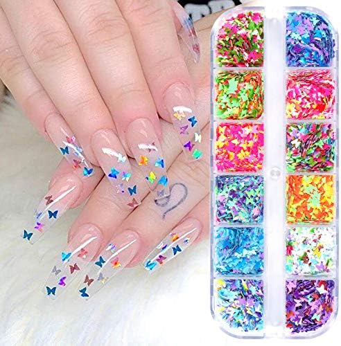 CHANGAR Butterfly Nail Art Glitter Sequins, 3D Laser Butterfly Nail Decals Sticker Holographic Nail Sparkle Glitter for Manicure Make Up DIY Decals Decoration …