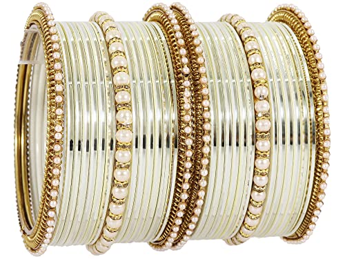 NMII Non-Precious Metal Base Metal Studded with Zircon Gemstone Or Pearl Glossy Finished Bangle Set For Women and Girls, (Cream_2.6 Inches), Pack Of 30 Bangle Set Deal