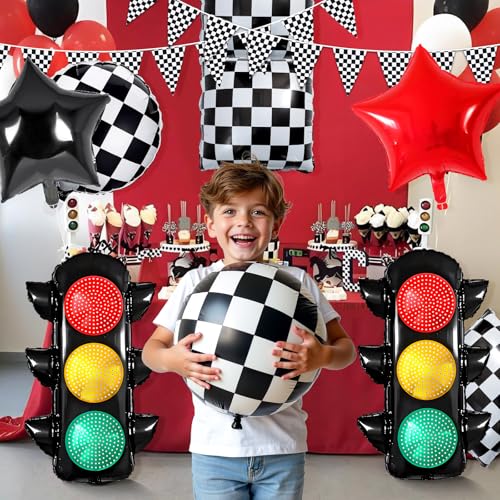 Image of Race Car Birthday Party Decorations with Traffic Light Balloons,Automobile Party Decorations for Kids Include Transportation Light Balloons Checkered Pennant Banner Checkered Balloon