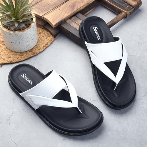 Image of Men's Solid Casual Flat Slipper, Faux Leather Slip-on V-Strap Fashion Slipper For Men