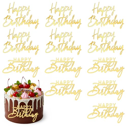 12 Pcs Happy Birthday Cake Toppers, Gold Acrylic Birthday Cupcake Toppers Sign for Cake Side Inserts Decor Party Supplies Cupcake Decorations