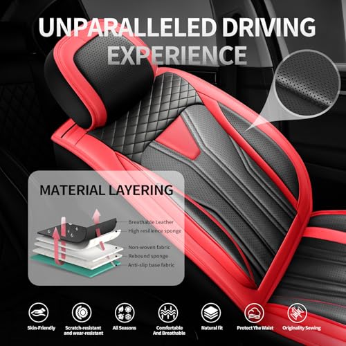 Image of Car Seat Covers Compatible with Chevy Equinox 2011-2026, Premium Leather Breathable, Wear Resistant, Airbag Compatible, All-Weather Protection & Full Coverage, 2 Front Seat Red&Black