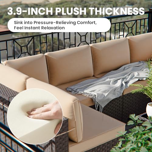 Image of 14 Pieces Outdoor Patio Furniture Set,Outdoor Sectional Furniture All Weather PE Rattan Wicker Patio Conversation Set with 2 Coffee Tables and 12 Thickened Cushions,Sand