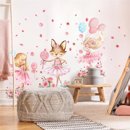 Pink Girl and Fox Wall Stickers,Peel and Stick Removable Wall Decals,Romantic Flower Balloon Girl Wall Decorations,Little Princess Wall Art Decor for Kids Girls Nursery Baby Bedroom Wallpaper