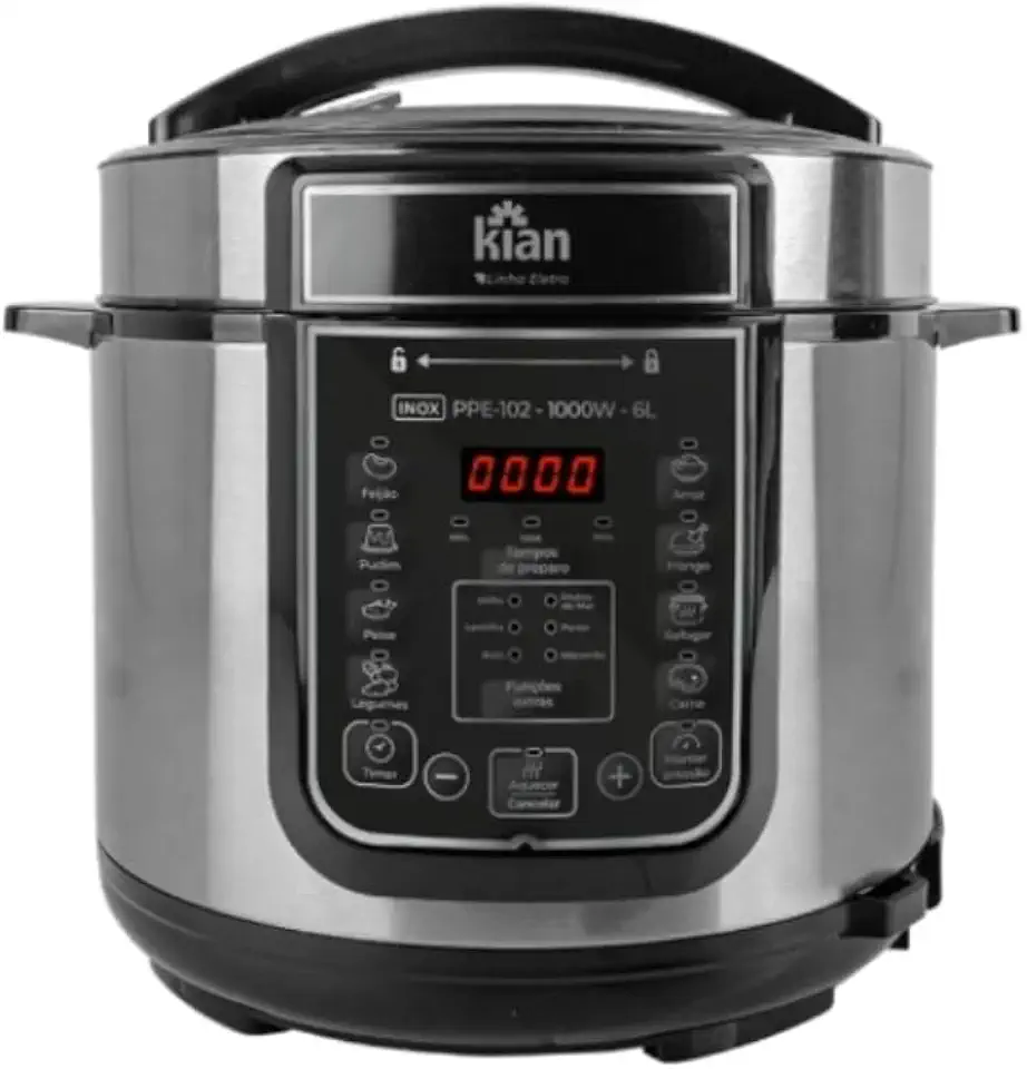 Panela de Pressão Elétrica Kian PPE-102 Capacidade 6 Litros Silenciosa 1000W Painel Digital com 14 Receitas Cuba Antiaderente Inox