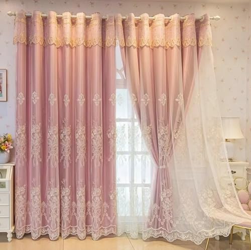 Rideau occultant polyester rose double couche broderies florales 102x214 de chambre