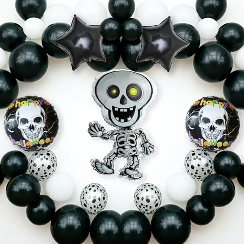 Image of AMFIN (Pack of 45) Happy Halloween Party, Skeleton Ghost Foil Balloons - White, Black
