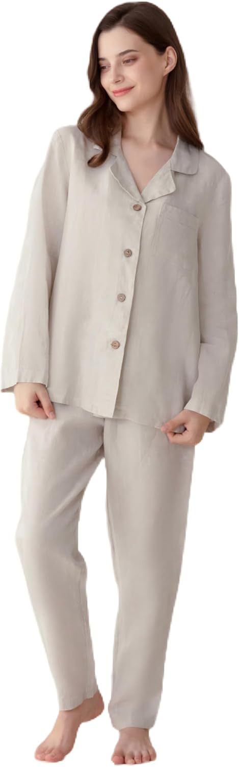 Simple&Opulence Women's 100% Linen Pajama Set Soft Shirt and Pants 2 Pieces Loungewear Slim Fit Soft and Breathable S-L - Image 8