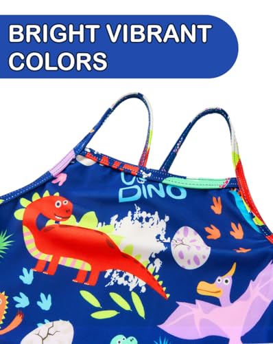 Image of Girls Swimsuit Size 6-7 Years Old Blue Cartoon Dinosaur One Piece Sleeveless Swimwear UV 50+ Swimming Wear