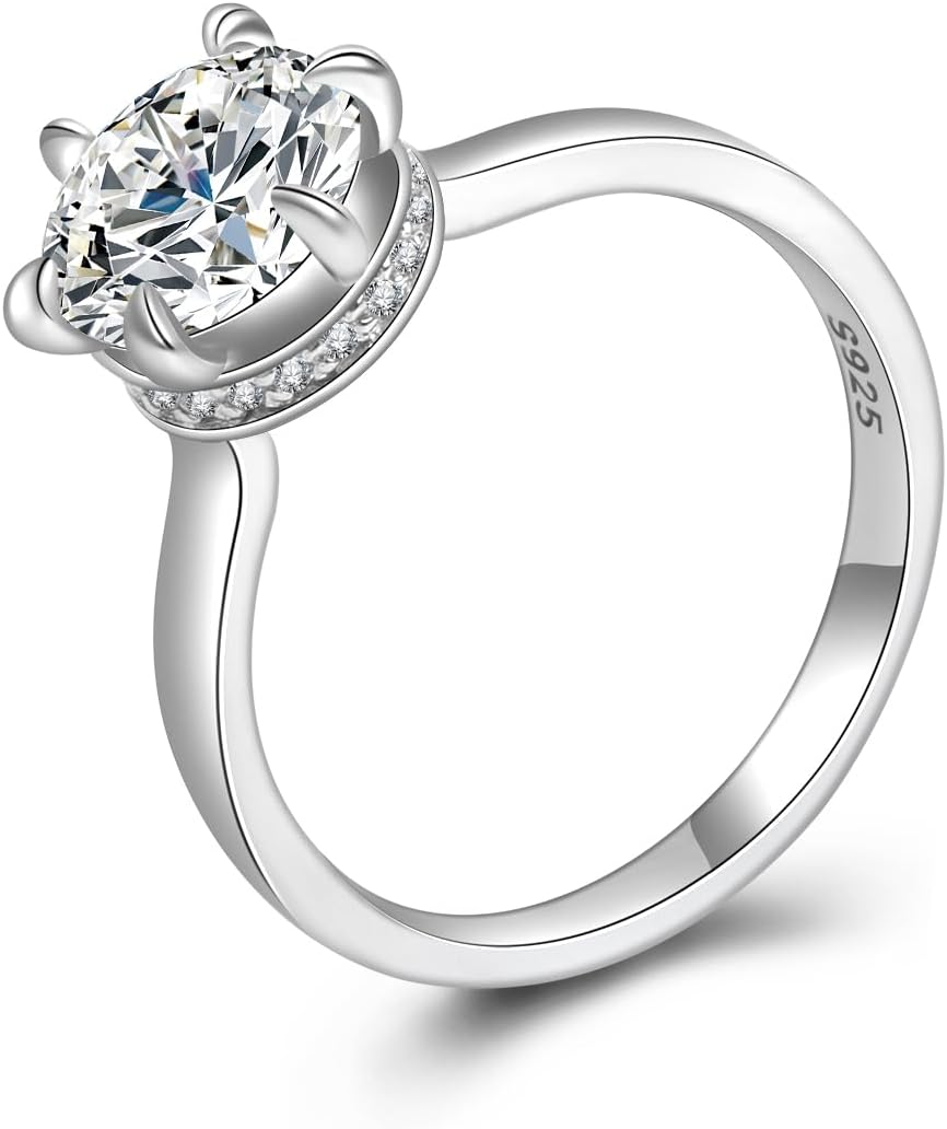 Moissanite Engagement Rings for Women - 925 Sterling Silver Lab Created Diamond Round Cut Weeding Bands, Solitaire Promise Ring for her Valentines Day Gifts Ideal Gift for Womens