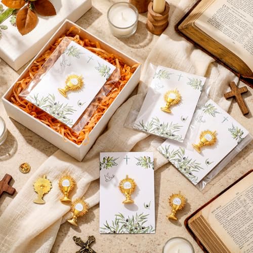 Image of Yinkin 24 Pcs Catholic Pins First Communion Lapel Pins Gold Toned Gifts Bulk Minister Catholic Religious Medal Christian Jewelry First Holy Communion Gifts Inspirational Spiritual Stuff