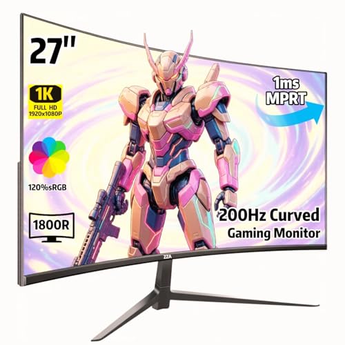 Image of ZZA 27 Inch Curved Gaming Monitor 200Hz, Full HD 1080P VA Panel Computer Monitor, 1ms Response Time, FreeSync, HDMI & DP Port, HDR, Frameless, VESA Mountable
