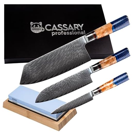 Set coltelli da cucina professionali giapponesi in acciaio damasco con pietra affilacoltelli professionale. Coltello damasco giapponese con pietra per affilare per chefs e amanti della cucina (3 set)