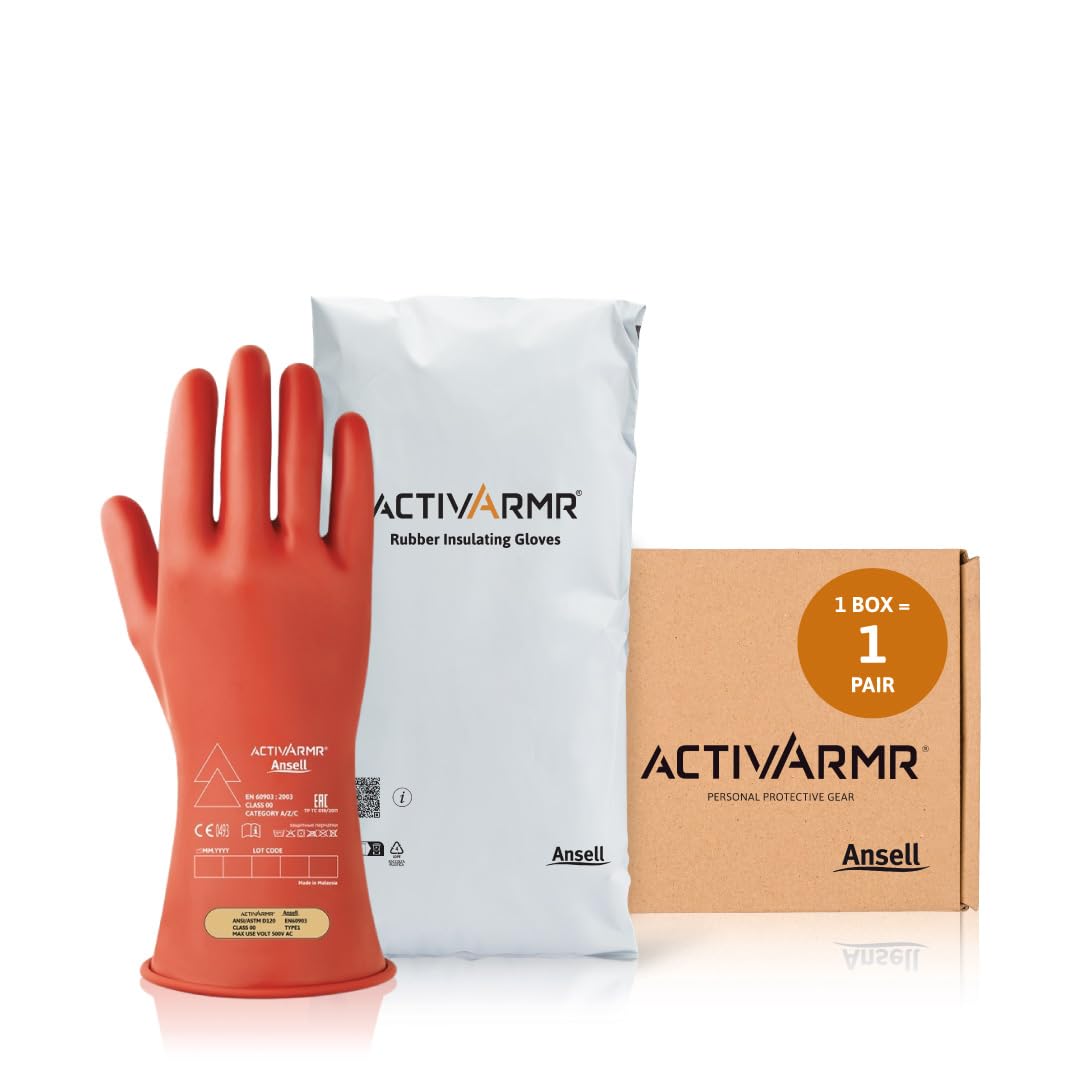 Ansell ActivArmr RIG0011R Electrical Safety Insulating Work Gloves, Class 00, for Auto, Metal Fabrication - Size 9, Red, (1 Pair)