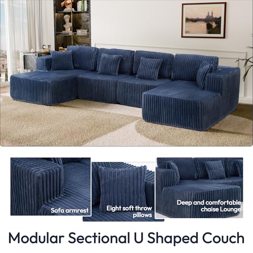 Image of 132 inch U Shaped Couch, Modular Sectional Sofa with Chaise, Corduroy U Shaped Boneless Couch with Deep Seat, Upholstered Modular Cloud Sofa for Living Room, No Assembly Required, Blue