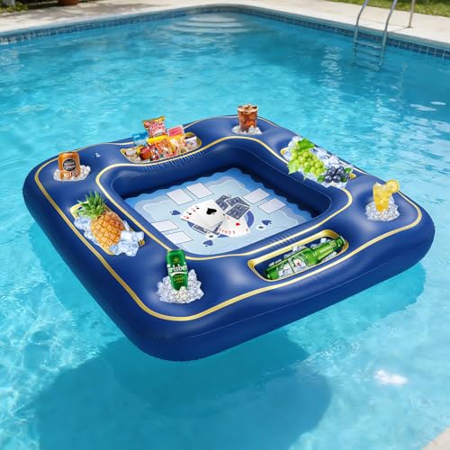 Floating Poker Table for Pool with Waterproof Playing Cards - 4 Person Inflatable Pool Games for Adults - Blue & Gold Premium Floating Card Table Set for Lake River and Swimming Party (40 inch)