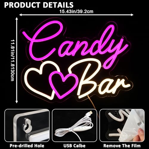 Image of Candy Bar Neon Sign for Wall Decor, 15.4 inch x 11.8 inch Led Signs for Business, USB Dimmable Sweet Bar Neon Lights for Candy Shop Snack Store Home Wedding Party Decoration Wall Art