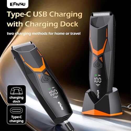 ENSSU Aparador de cabelo masculino, aparador de barba com lâmina de cerâmica segura para a pele, barbeador elétrico recarregável para cuidados corporais masculinos (preto e laranja) (Multicolor) - Imagem 5