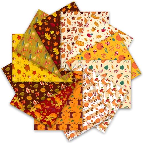 JarThenaAMCS 12Pcs Fall Cotton Fabric Bundles Pumpkin Maple Leaf Mushroom
