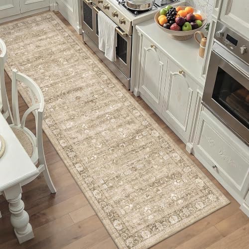 2'6"x8' Beige Runner Rug Hallway Non Slip Washable Area Rugs Kitchen Soft Khaki Vintage Boho Long Rug Distressed Floral Carpet Indoor Low Pile Throw Rug for Bedroom Bathroom Laundry Dining Room Office