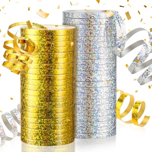 Xialvyu 24 rollos de serpentinas, 10 m de cinta de raso brillante, color dorado metálico y plateado, decoración para fiestas de cumpleaños infantiles, cumpleaños, bodas, carnaval