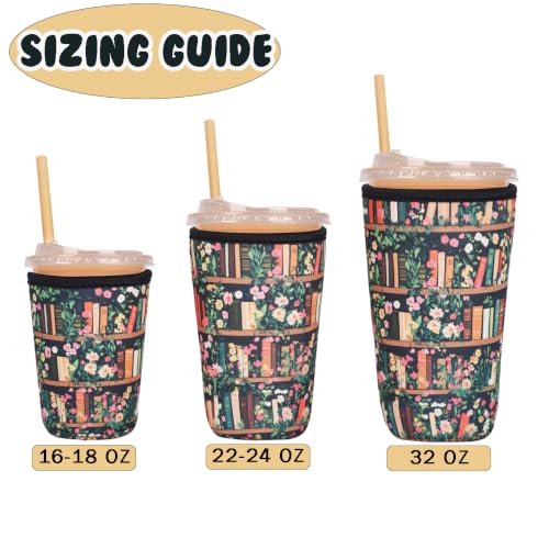 Image of Reusable Insulated Neoprene Iced Coffee Cup Sleeve, Durable Drink Sleeve for Cold Beverages, Beverage Holder for Iced Coffee (Bookish Bloom)