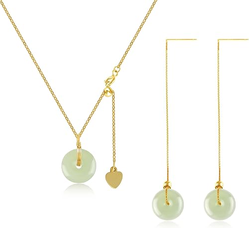 DAUMIER Jade Donut Green Jewelry Set Handmade Necklace Earrings S925 14K Gold Plated Jade Pendant Natural Hetian Jade Drop Jewelry Birthday Gift for