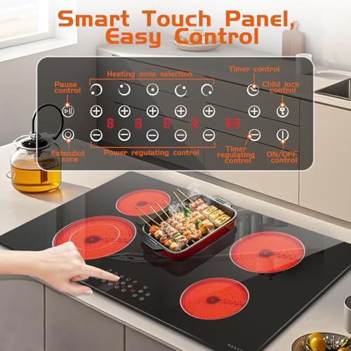 Image of Noxton 36 Inch Electric Cooktop 5 Burner Electric Stove Top, Built-in Radiant Ceramic Cooktop with Extended Zone, Sensor Touch Control, Child Safety Lock, Timer, Pause, 8400W 240V Hard Wire