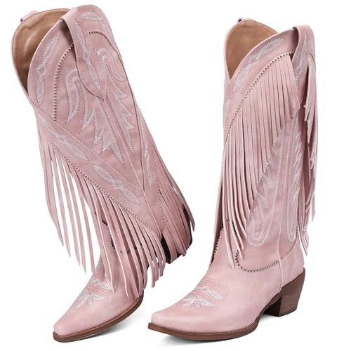 Image of Cowgirl Boots Women Retro Pull On Block Chunky Suede Fringe Cowboy Boots | Pointed Toe,Concert Outfits Knee High Western Boot, Country Boots,Tall Boot for ladies Party concert