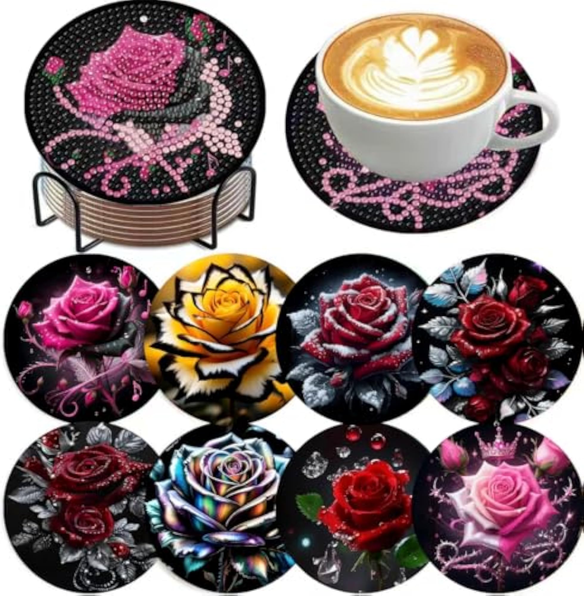 8 Pieces Coasters with Stand, DIY Diamond Painting Kits