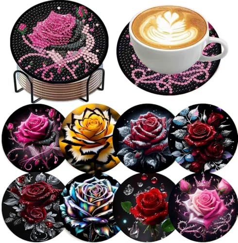 Mrnsiet 8PCS Diamond Art Coasters with Holder DIY Flowers Diamond Painting Coasters Kits for Adults Non Slip Rose Florwers Mosaic Dot Painting Coaster Gift Set for Beginners 4x4 Inch