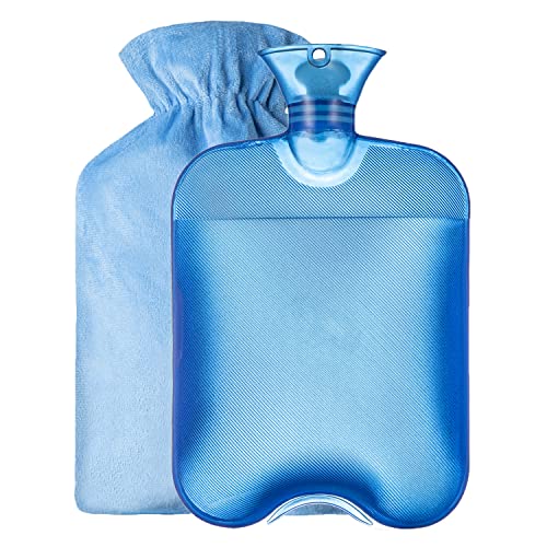 Qobobo Bolsa de Agua Caliente con Funda Blanda, 2L Bolsas de agua caliente para Cama Botella de agua caliente en PVC Botella de Cama, Azul Transparente Cover
