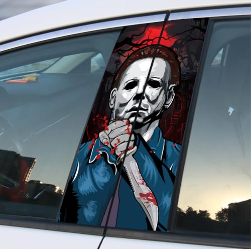 Image of Halloween Cars Body Horror Sticker, Horror Car Center Pillar Decals,Classic Movie Characters Michael Scary Child Door Window Pillar Posts Trim(Michael Killer)