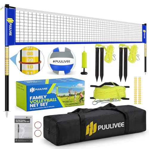 32ft/16ft Outdoor Volleyball Net Set for Backyard Beach Grass All-Weather & Easy Setup with 4 Height Adjustable Poles Anti-Sag Net Volleyball Portable Carry Bag Present Box