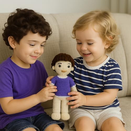 Image of Sutra Handmade Crochet Boy Doll in Purple Top & White Pants | Wool Amigurumi Plush Toy | Soft Handmade Gift for Kids, Nursery & Home Decor