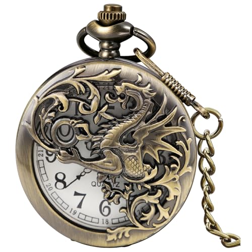 Image of Dragon Design Quartz Pocket Watch Roman Numerals with Chain Birthdays Gifts for Father's Days