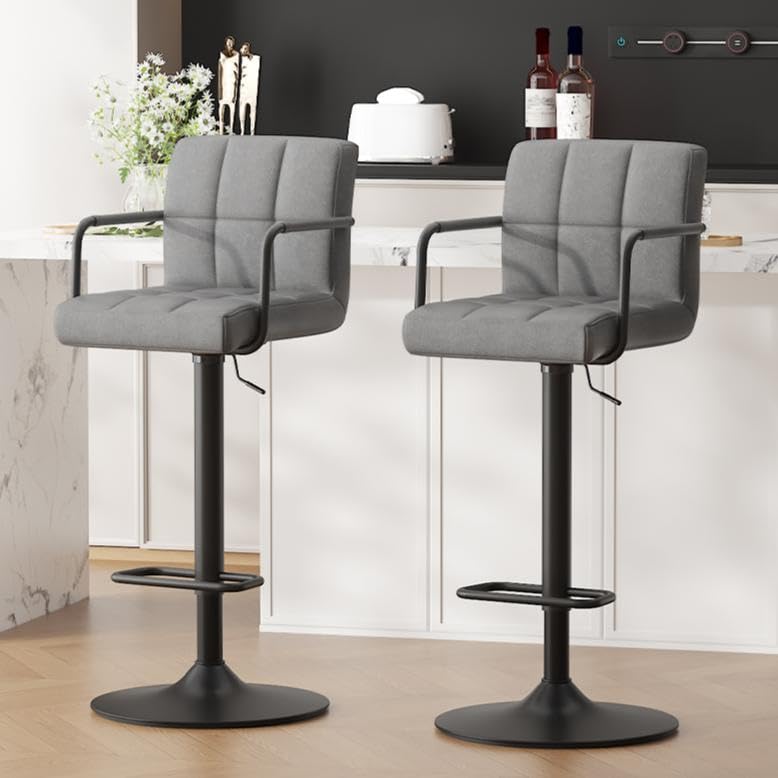 Ckaff Bar Stools Set of 2, Height Adjustable Velvet Fabric Swivel Barstools, Modern Counter Stools with Back and Footrest, Counter Height Barstools for Bar, Dining Room，Dark Grey