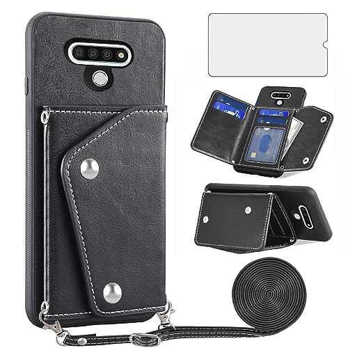 Asuwish Phone Case for LG Stylo 6/Stylo6 Plus/K71 Stylus Wallet Cover with Screen Protector Card Holder Crossbody Strap Stand Leather Cell Accessories LGStylo6 6+ 6plus Style 06 Six 2020 Men Black