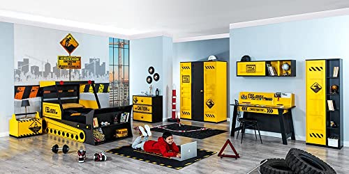 Letto cm. 109 X 135 X 234 Cameretta completa per ragazzi stile escavatore giallo e nero. Comprende letto, materasso, comodino, armadio, scrivania, sedia, comò, libreria - [LVT]